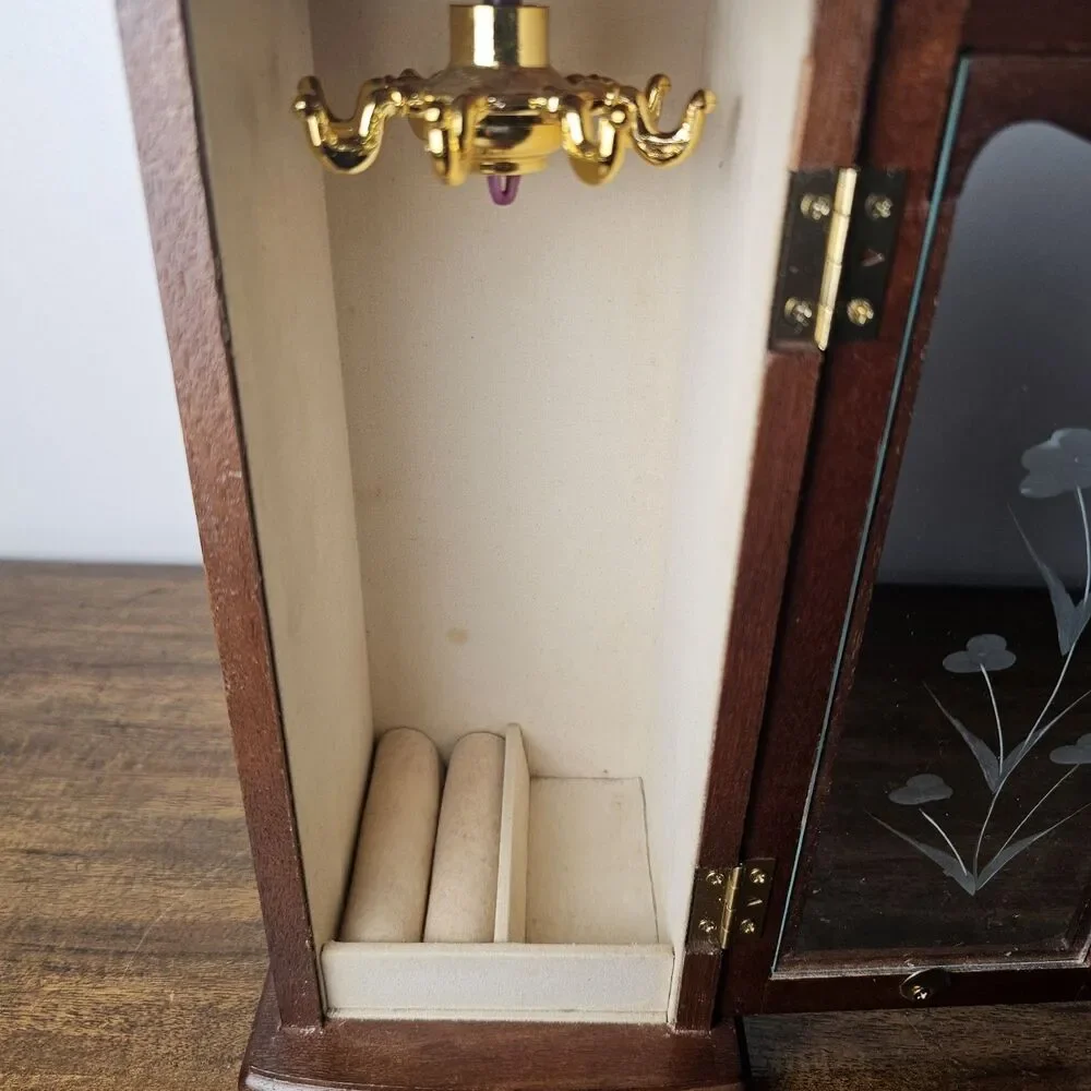 Vintage Wooden Tabletop Jewelry Armoire with Etched Floral Glass Door